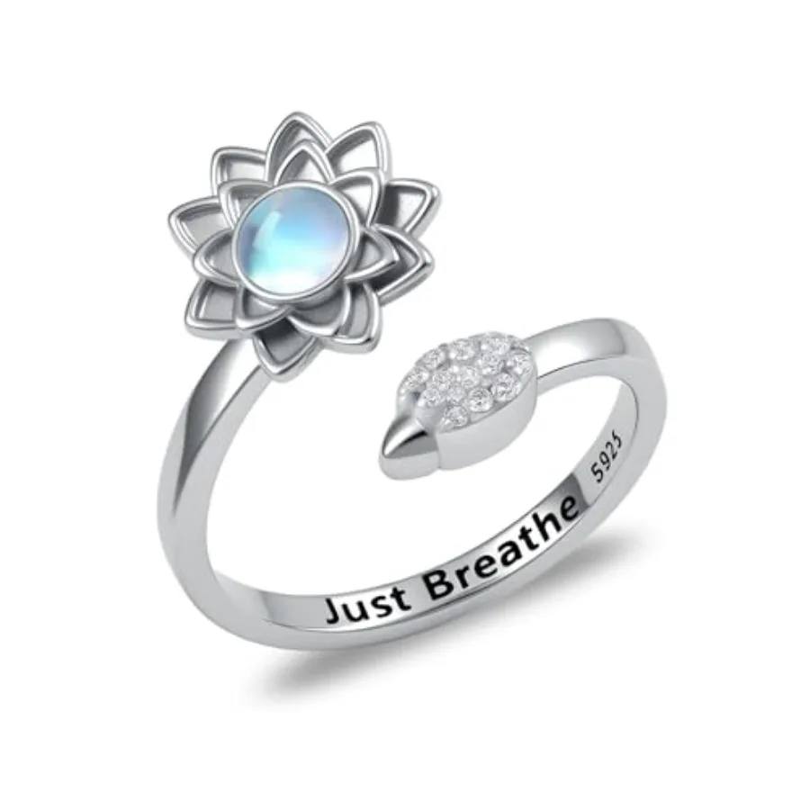 

Lotus Just Breathe Ring Sterling Silver Hope Rings Inspirational Anxiety Rings Encouragement Gifts Lotus Jewelry for Women