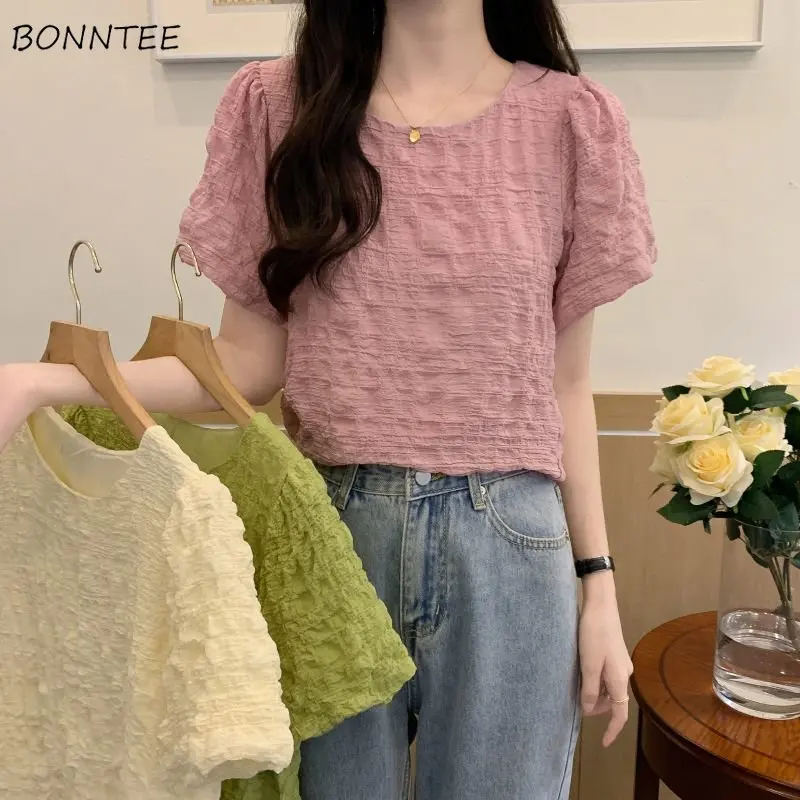 Puff Sleeve Blouses Women Folds Design Sweet Loose Casual Solid Korean Style Summer New Ladies Temperament All-match Aesthetic