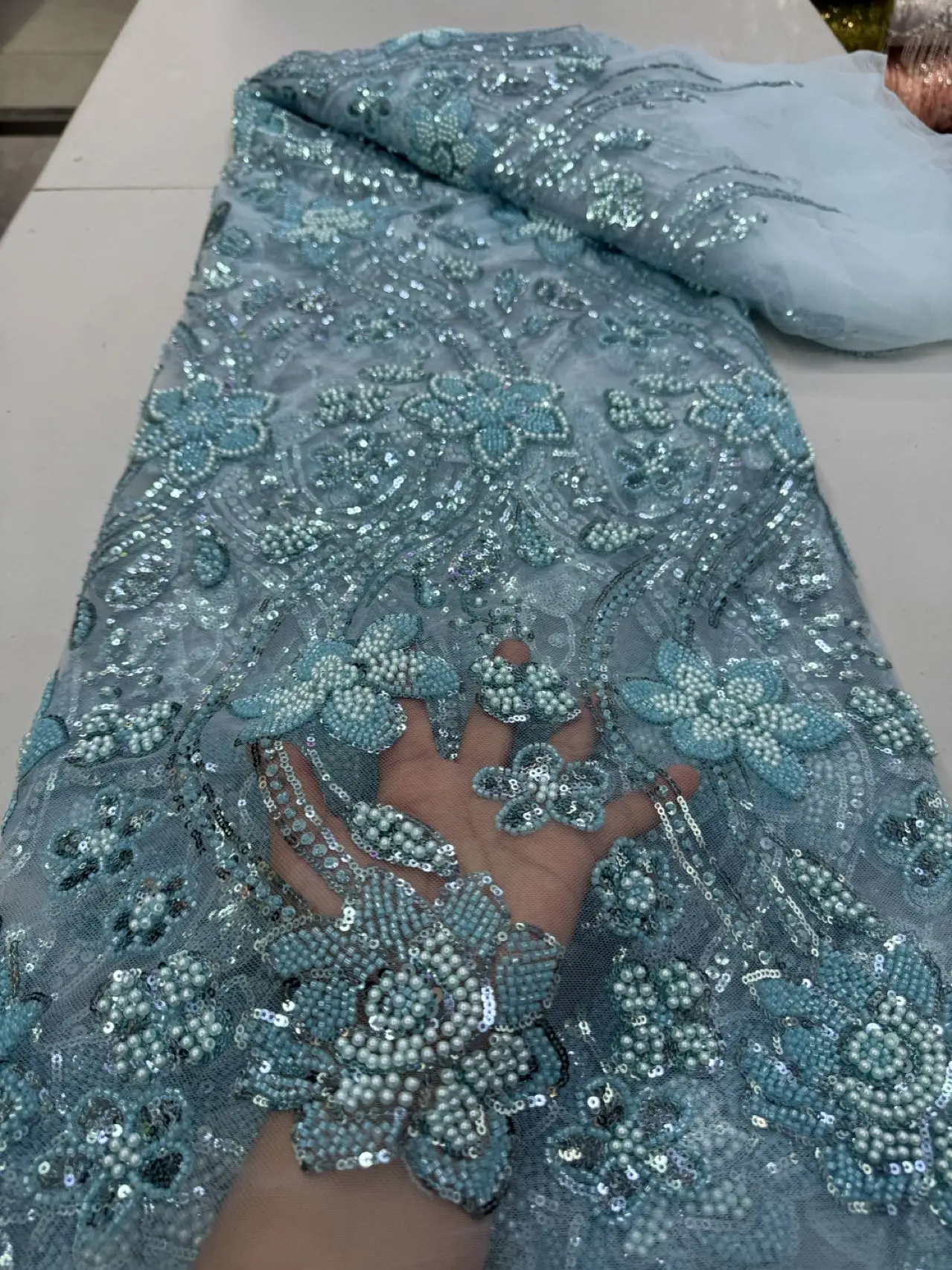 Top Grade Handcut African Nigeria High-Quality Sequins Embroidery Tulle Lace Fabric Guipure Dress Beads Stone for Wedding JY540