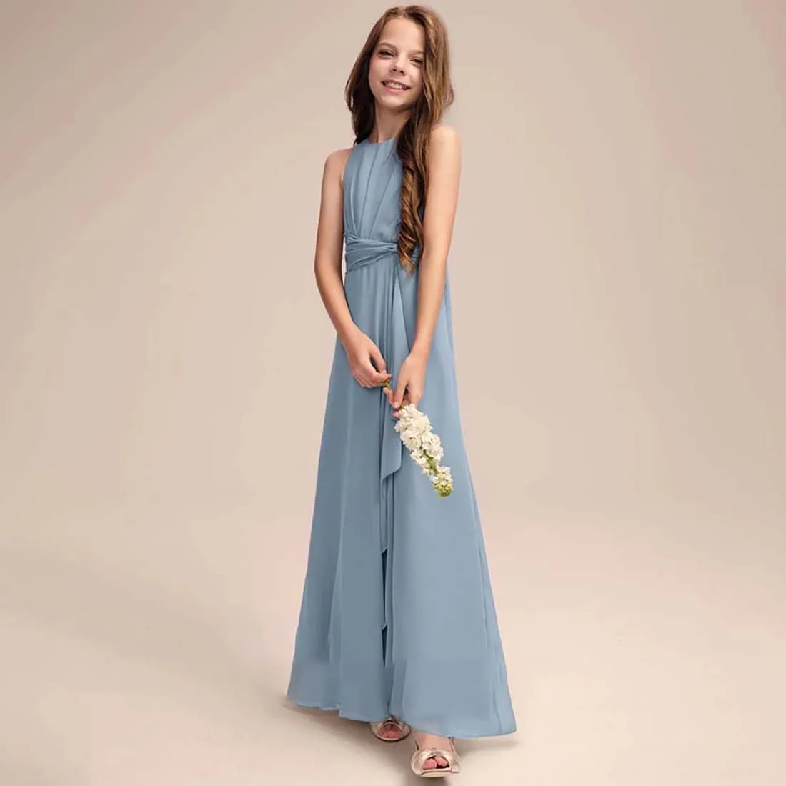 YZYmanualroom Chiffon Junior Bridesmaid Dress With Cascading Ruffles A-line Scoop Floor-Length 2-15T