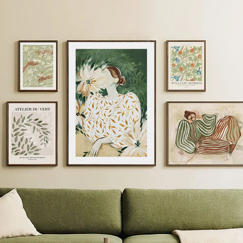 Flower Girl Vase Leaves Wall Art Coffee Lemon Canvas Print Painting Nordic Abstract Green Posters Pictures for Living Room Decor