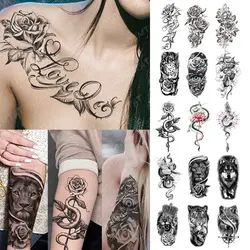 5PCS Wolf Lion Waterproof Temporary Tattoo Sticker Tiger Rose Flower Dragon Snake Skull Animal Body Art Arm Fake Tatoo Men Women