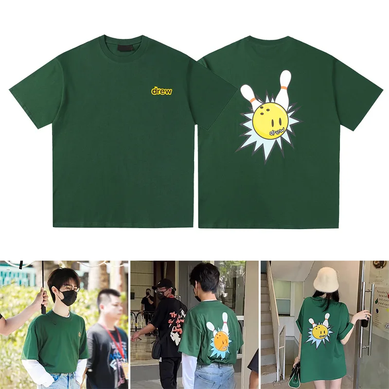 

Drew House Premium Quality Smiley Bowling Unisex Summer Loose-Fit Casual 100% Cotton Versatile Short-Sleeve T-Shirt INS