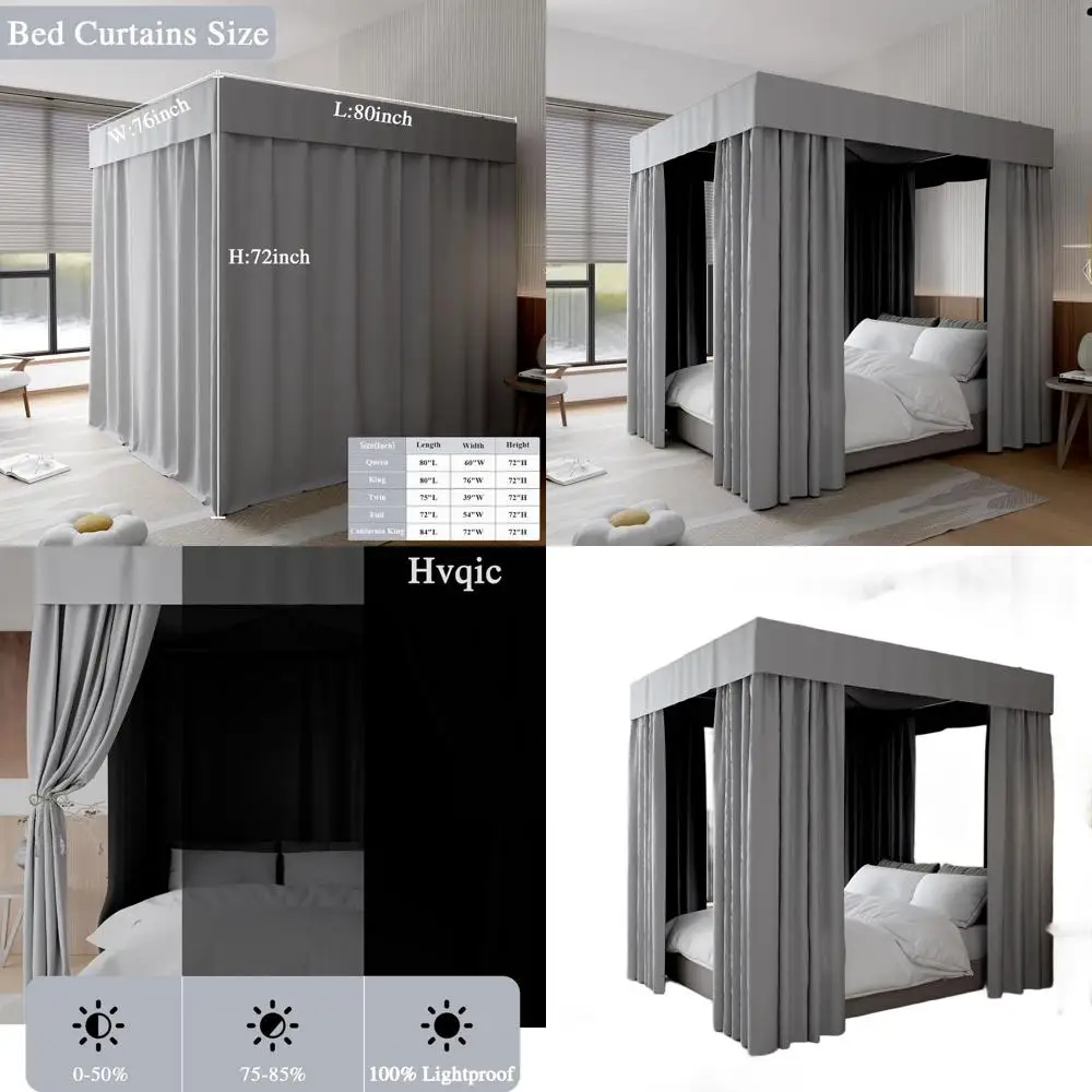 ผ้าม่านคลุมเตียงสีเทาขนาดคิงไซส์สำหรับเตียง 4 เสา ผ้าม่านกันแสง เหมาะสำหรับตกแต่งห้องนอนผู้ใหญ่และเด็กผู้หญิง