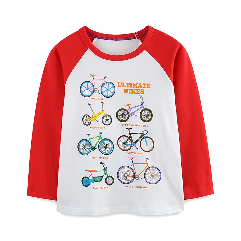 Boys' Shoulder-Inserted Long-Sleeved T-shirt Autumn Cotton Bicycle Printed Pattern Children's Clothing Outdoor Leisure
