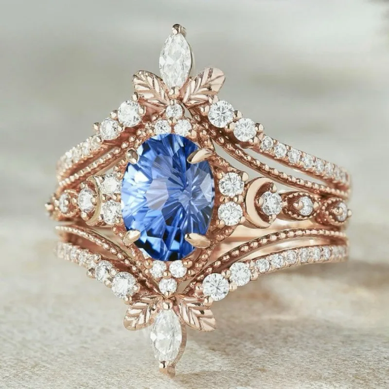 

Luxury Women Rings Gold Color Round Blue White Stone Rings Set Party Accessories Gift