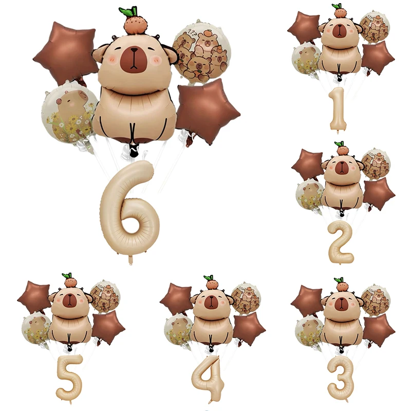 6PCS Cartoon Capybara Theme Balloon Set Animal Child Birthday Party Decors With 40inch Caramel Foil Number Baby Shower Globos