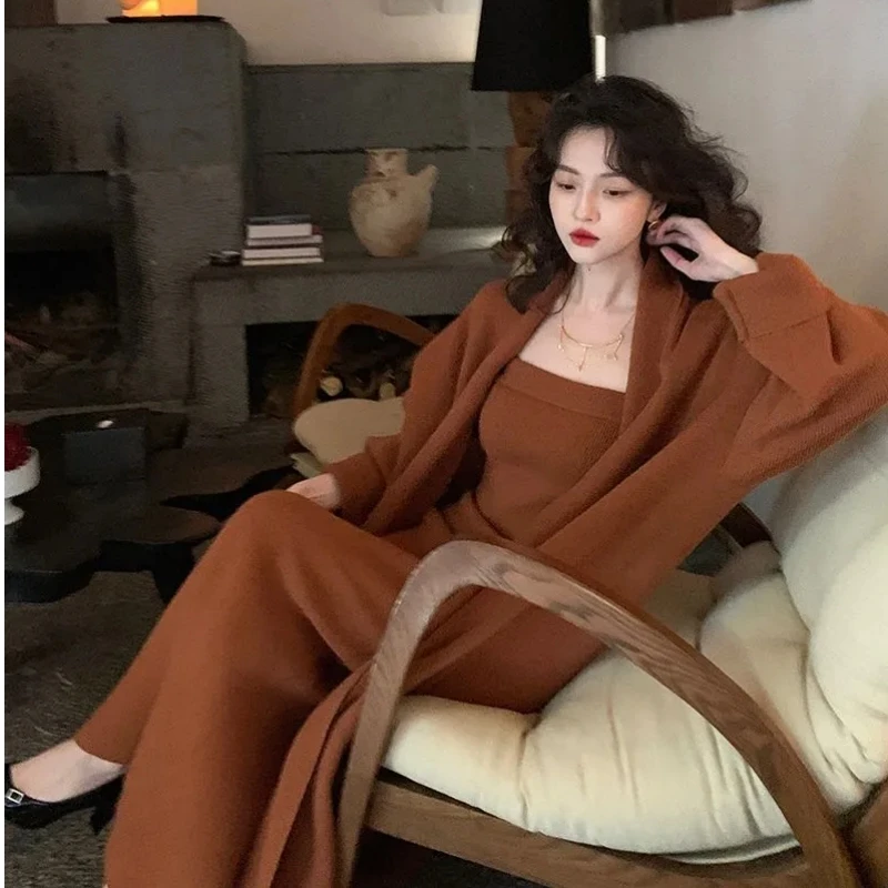 

Women French Vintage Gaceful Knit Long Coat Dress 2 Piece Set Autumn Winter Lady Solid Sweater Overcoat Sleeveless Dresses Suit