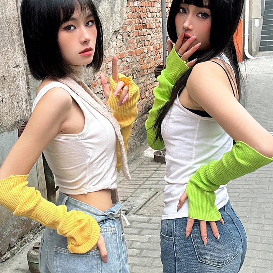 قفازات محبوكة Y2K قفازات طويلة بدون أصابع ​ المرأة أزياء عارضة الشرير القوطية المتناثرة الشتاء مدفئات للذراع تأثيري أنيمي قفازات