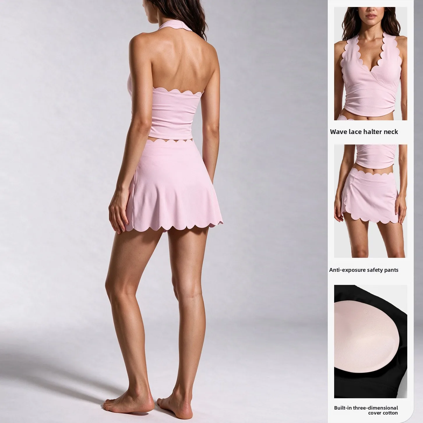 Women 2Pcs Tennis Set Yoga Clothes Halter Neck Petal Edge Tank Top + High Waist Tennis Skort Gym Workout Fitness Dance Sport Set