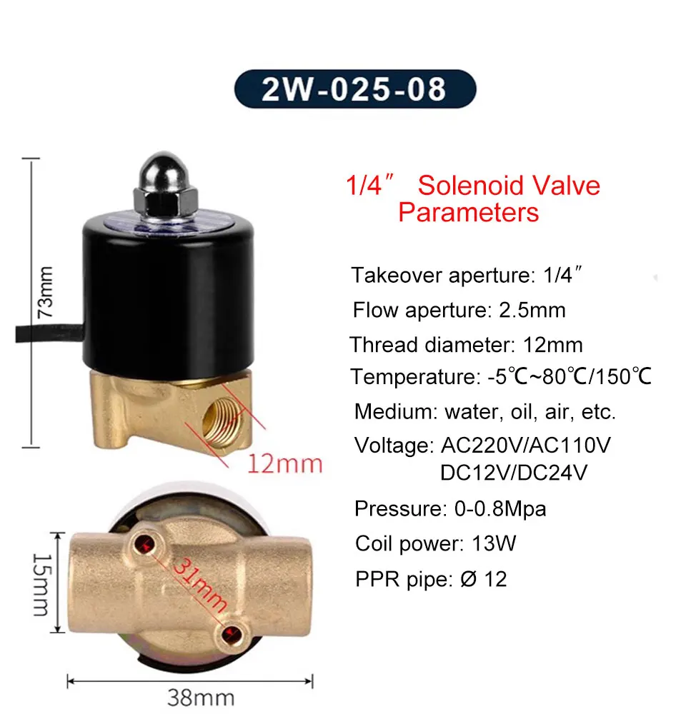 Detalle 4 de Electroválvula 2W Solenoid Valve Normally Closed Brass DN6/8/10/15/20/25 1/4\ Agua y vapor