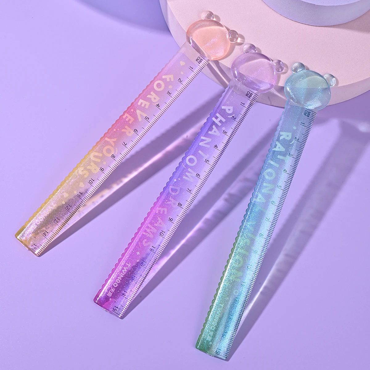

Gradient Glitter Transparent Ruler, 15cm Cute Bear Wavy Edge Ruler for Bullet Journal Scrapbooking DIY Art Crafts
