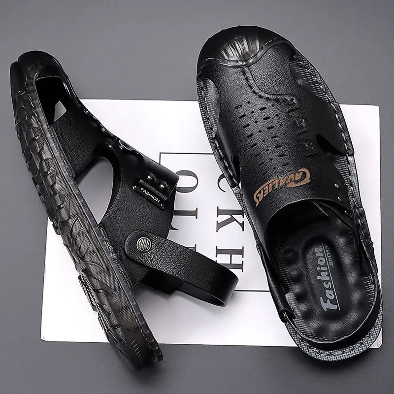 

Сандалии мужские кожаные с открытым носком, модные удобные босоножки, пляжная обувь, однотонные, лето