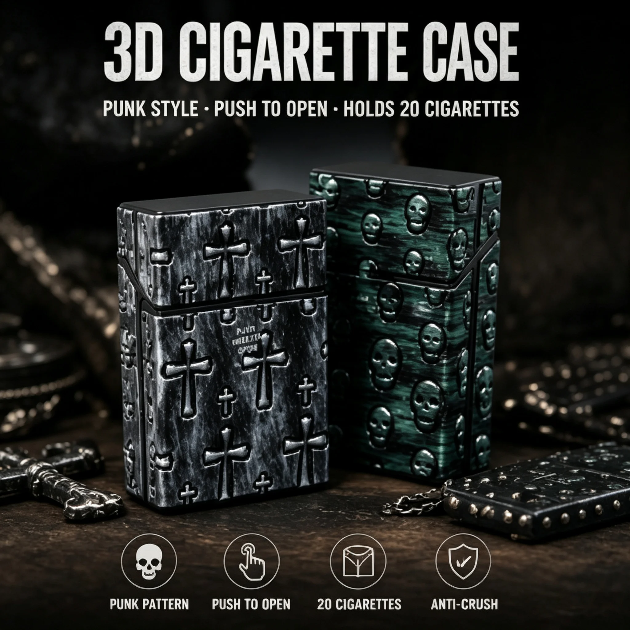 Punk-Style Geprägter Zigarettenhalter mit Klappdeckel, Harte Zigarettenetui für 20 Zigaretten, Quetschfeste Aufbewahrungsbox, Cooles Geschenk für Männer