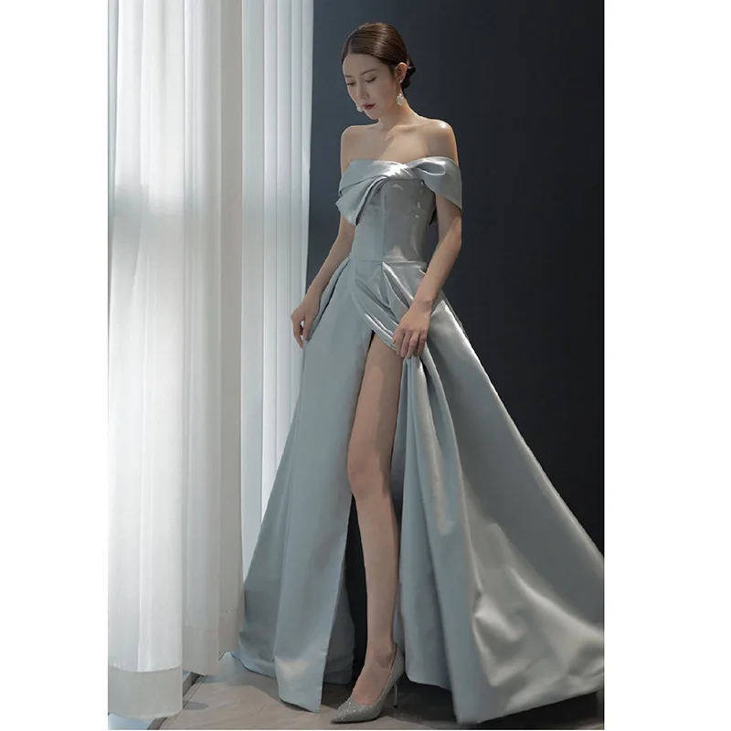 

Evening skirt 2024 new French queen elegant split satin socialite banquet evening dress women