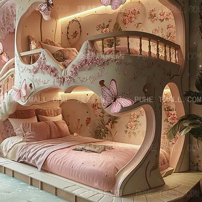 New children's bed up and down bed Tree house girl bed 2024 new pink light luxury luxury princess castle