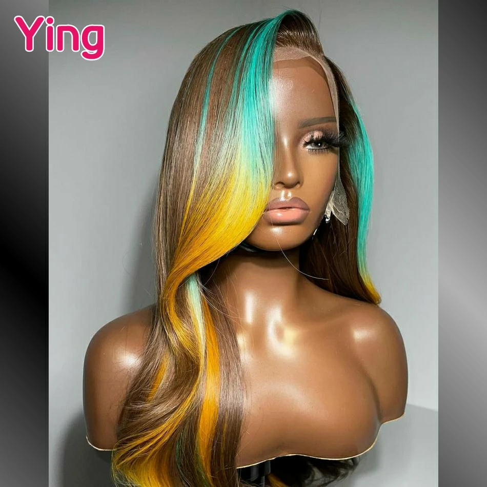 Perruque Lace Closure Wig Body Wave brésilienne naturelle, cheveux humains, ombré jaune bleu, 13x6, pre-plucked, avec baby hair, 6tage