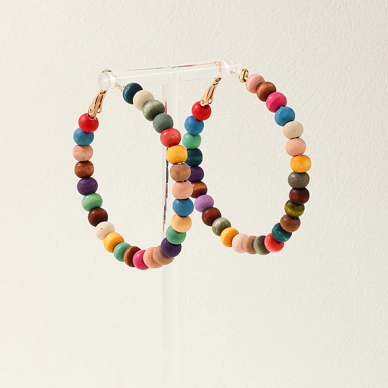 Vintage Exaggerated Circle Earrings For Women Girls Colorful Wooden Bead Holiday Fashion Jewelry Ear Accessories AE140