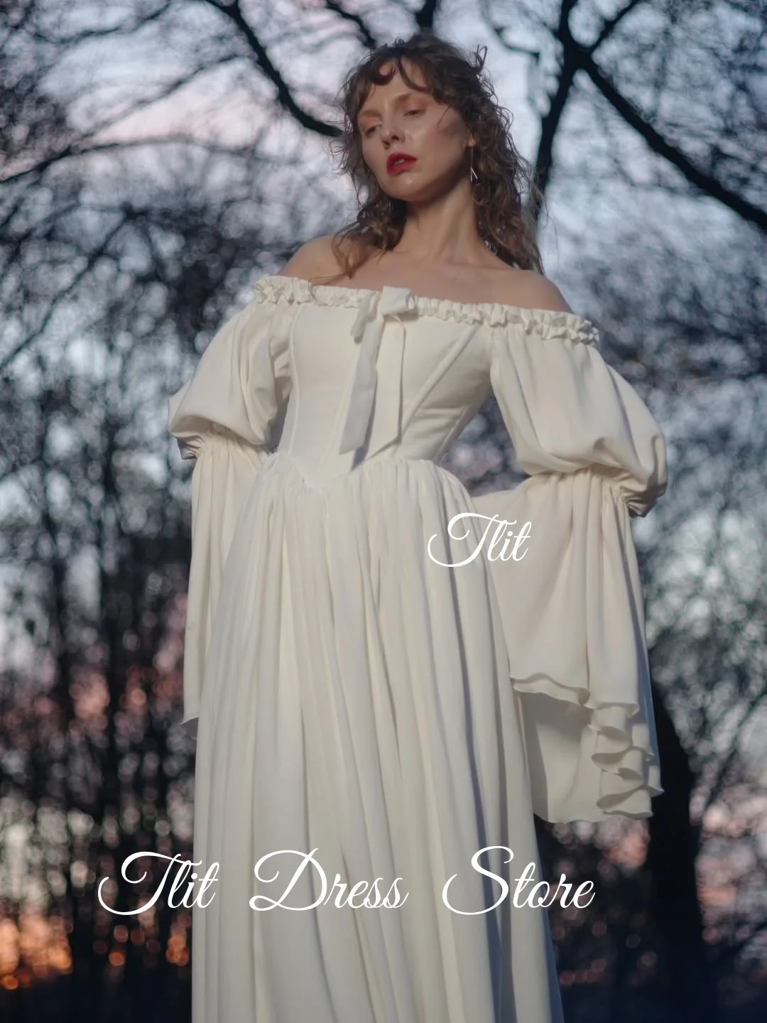 فستان سهرة جميل من الساتان المطاطي عاجي من TLIT بدون حمالات فستان حفلات قبالة الكتف مخصص بفيونكة وأكمام منتفخة stidos de fiesta #4