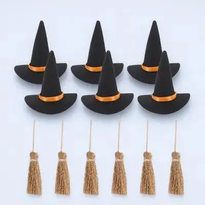 6 Zestawów Kapeluszy Mini Miotła Zestaw Dekoracji Halloween Miniaturowe Kapelusze Wiedźmy Rękodzieło Akcesoria Imprezowe Miniaturowe Kapelusze Imprezowe Miotła