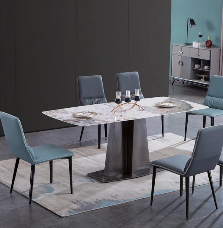 

Modern dining table with simple slate top and metal legs 6 chair set dining room furniture