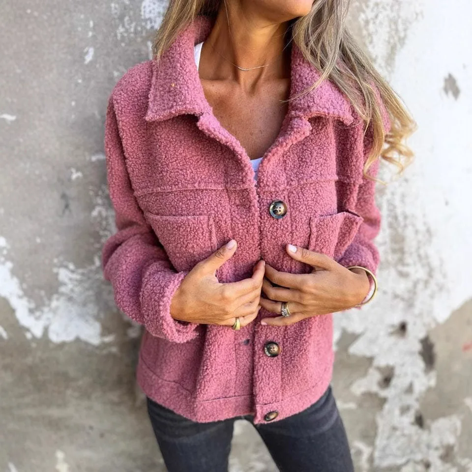 

2025 Autumn and Winter Women's Solid Color Lapel Single Breasted Long Sleeved Lambhair Jacket