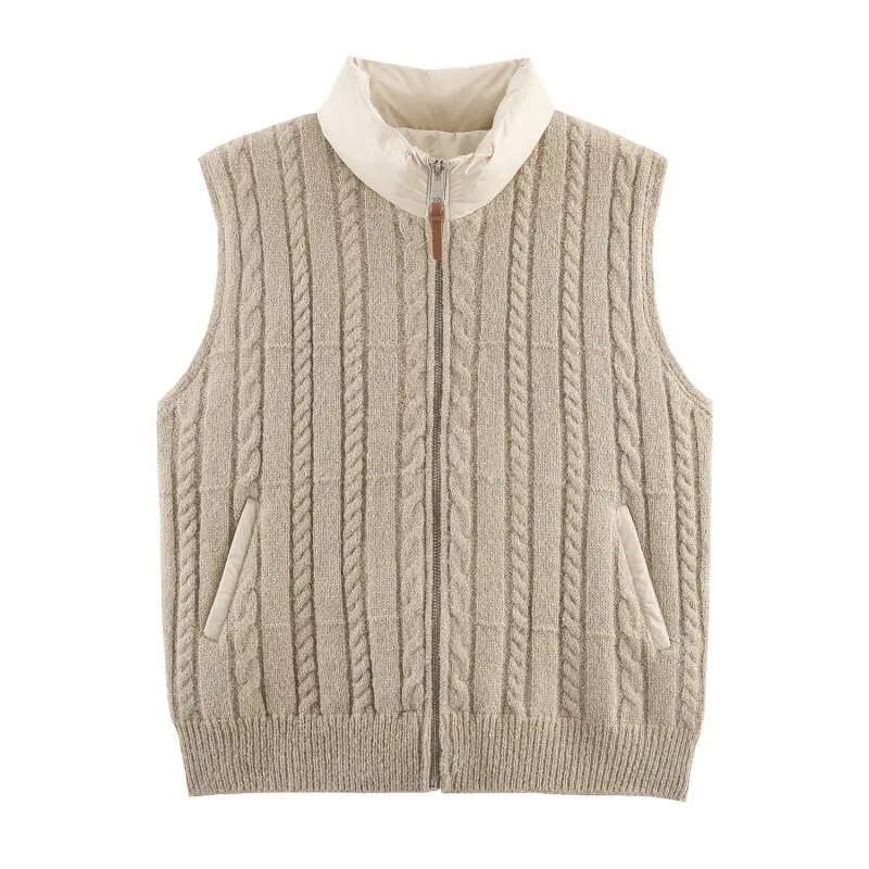 

Women Knit Vest Coat Outerwear Knitted Lady Fashion Sleeveless Waistcoat Tops Button Lady Streetwear Cotton-padding Stand Collar