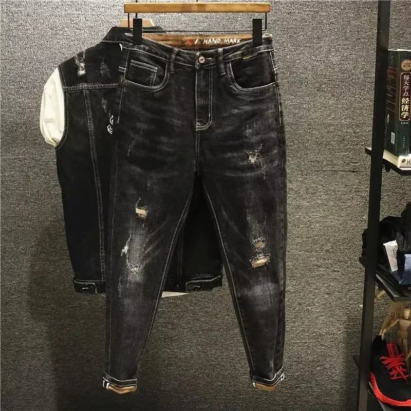 2024 Autumn Men's Jeans Black Cropped Pants Ripped Repair Vintage Trendy Brand Men's Pants Casual Ins