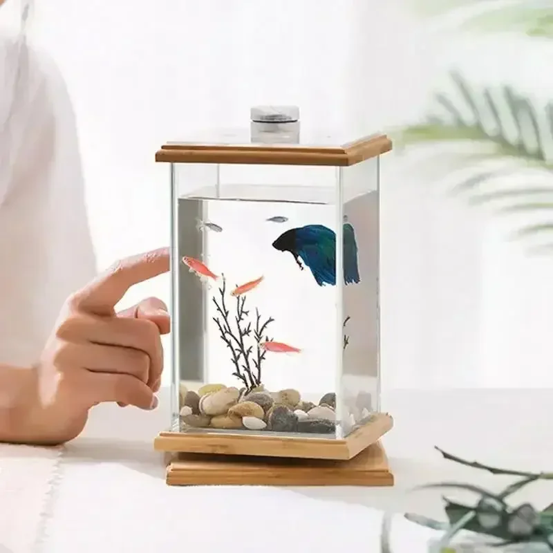 Mini Aquarium Cylindrical Rotating Fish Tank Desktop Transparent Aquarium Creative Crafts Fighting Fish Tank Fish Aquarium