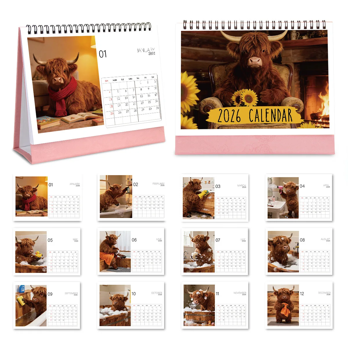 

1PC Warm Highland Cow-Themed Desktop Calendar for Office&Home Desks Suitable for Farm Animal Enthusiast Ideal 2026 New Year Gift
