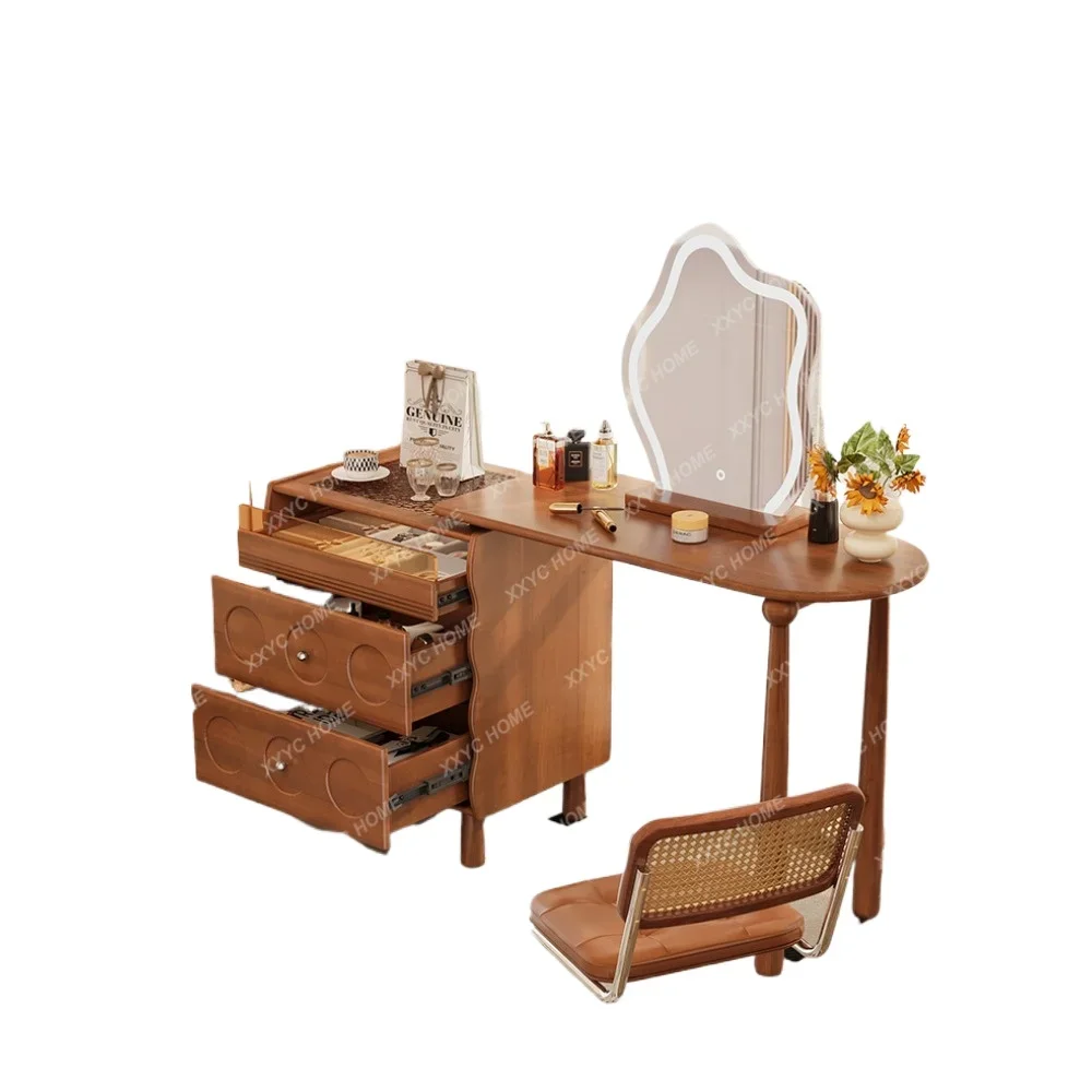 Solid Wood Retractable Dresser Retro Simple Master Bedroom Small Apartment Bedside Chest of Drawers Makeup Table Integrated Desk