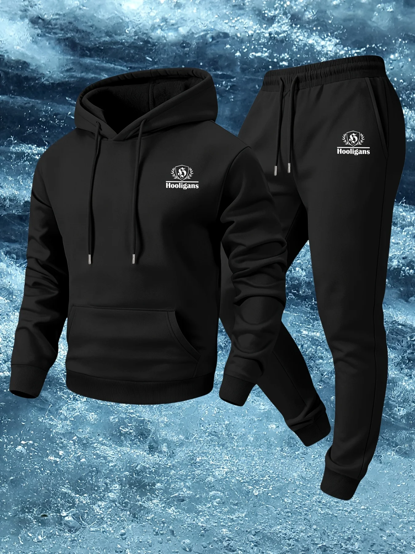 Conjunto de treino masculino para o outono e inverno, estilo streetwear, com capuz e calças de treino, estampa do logotipo "Small Chest Hooligans", conjunto desportivo de duas peças.