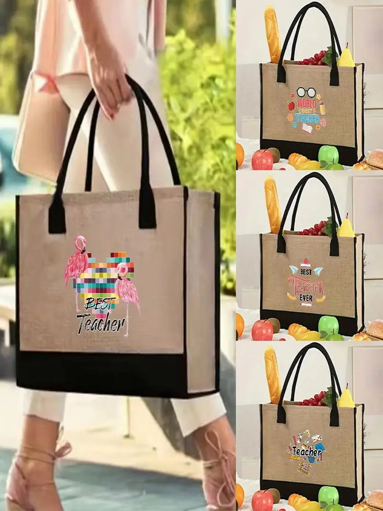 Jutowe torba jutowa zakupy spożywcze torebki wielokrotnego użytku w stylu Vintage modne dojazdy do pracy z lnu Crossbody dla nauczycieli — zdjęcie 2