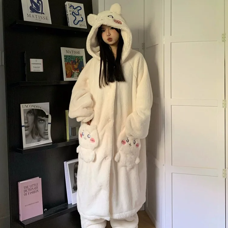 Chiikawass Woman Plush Nightgown Home Clothes Hooded Pajamas Winter Velvet and Thickening Japan Anime Cartoon Loungewear Suit