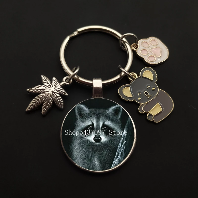 Cute Art Raccoon Keychain Keyring Retro Wild Animal Glass Dome Keychain Jewelry Ladies Children Lover Fashion Gift Strap