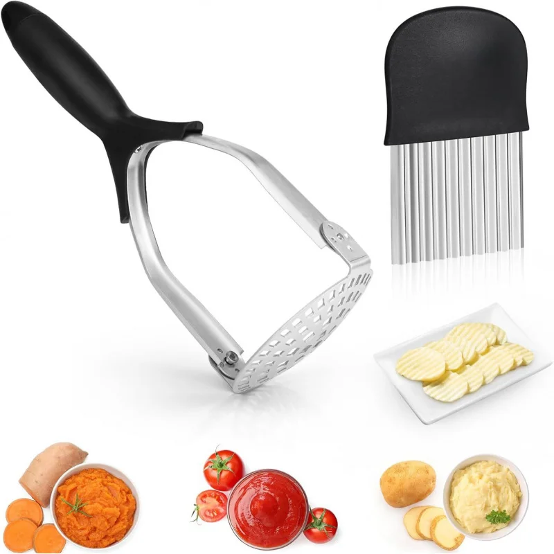 

【2 Pcs Potato Masher Set】With Wavy Potato Cutter, Stainless Steel Masher & Ricer for Smooth Mashed Potatoes, Kitchen Tools
