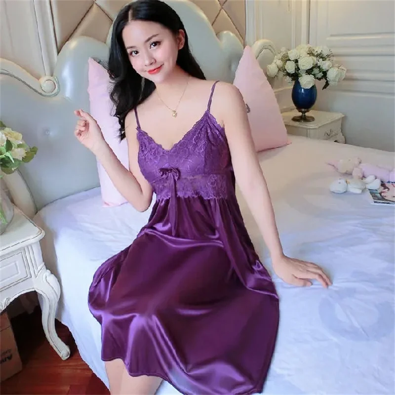 

Sexy Lace V Neck Lingerie Dresses Women Night Dress Satin Sleepwear Lace Up Sleepwear Sleeveless Night Gown Bathrobe Nightdress