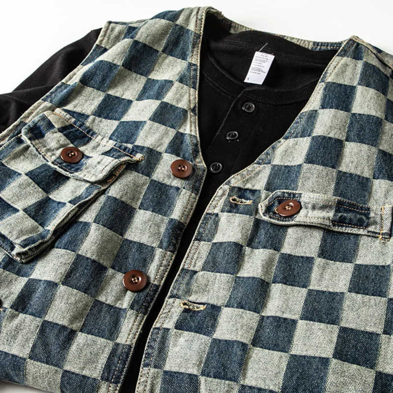 Chaleco Retro a cuadros para hombre, chaqueta informal de algodón con múltiples bolsillos, sin mangas, para motocicleta