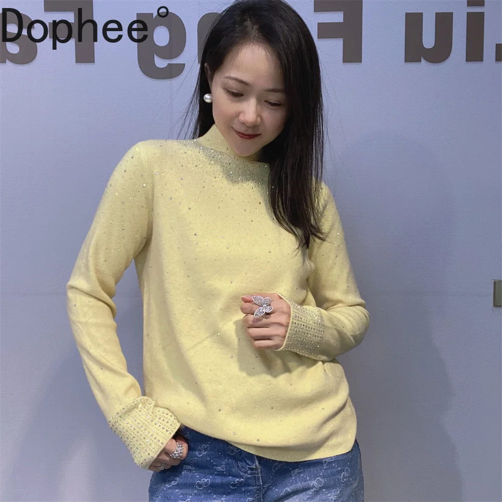 

Blingbling Full Diamonds Высокоэластичная женская трикотажная базовая рубашка Универсальный свитер ярких цветов с длинными рукавами Тонкий пуловер Топы