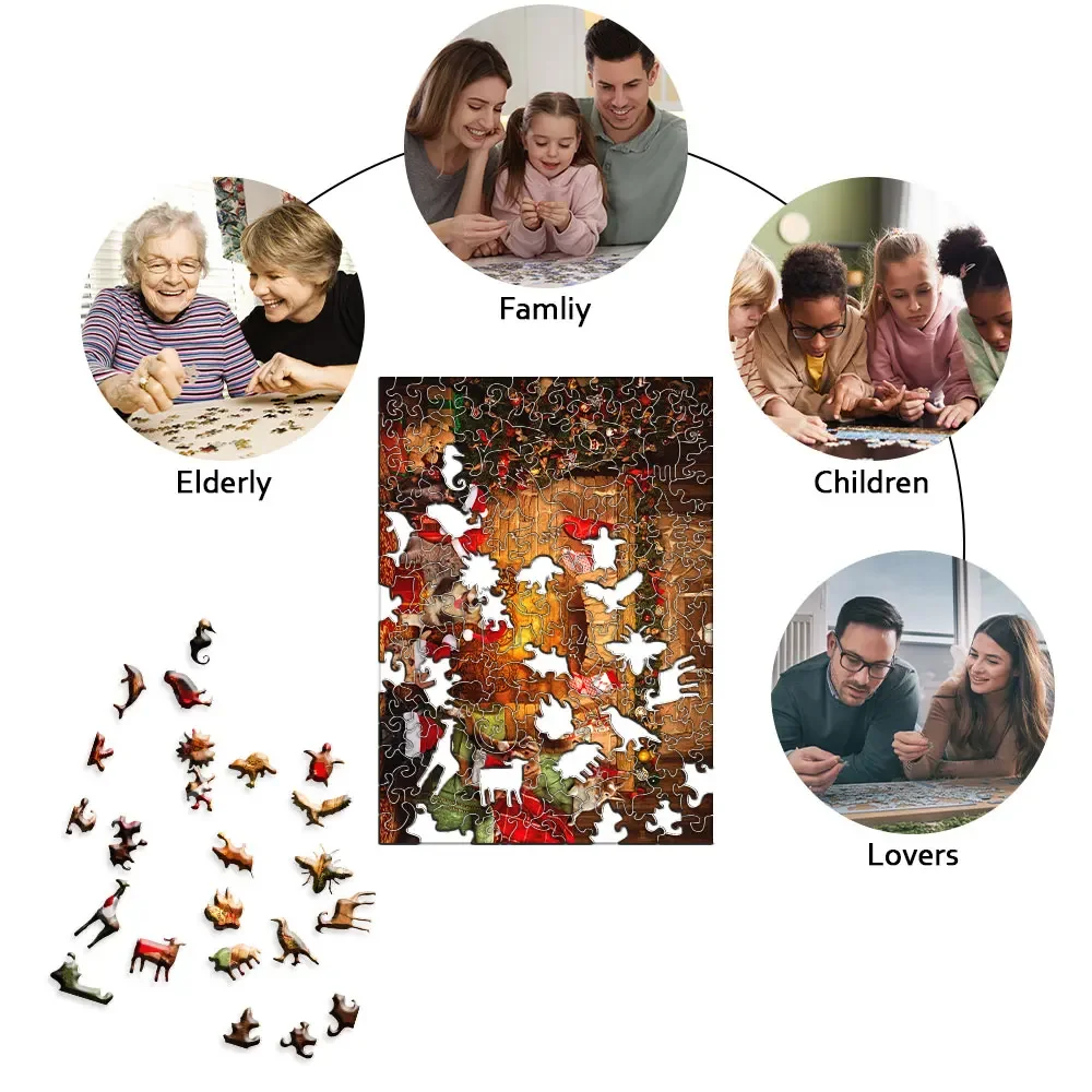 Weihnachten Holz puzzle unregelmäßig geformte Weihnachts baum, Socken, Hunde, Geschenke Familien feier Spiele envío gratis niños juguetes