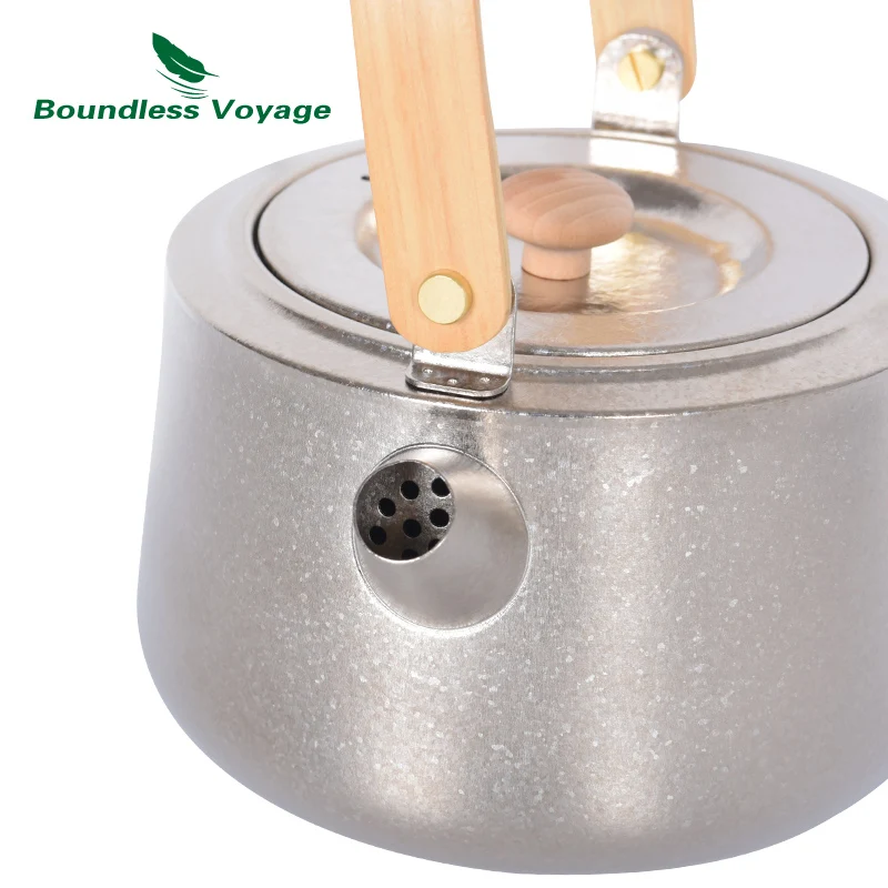 Boundless Voyage 800ml Titanium Tea Kettle Stovetop Water Boiler with Filter & Wooden Handle Ultralight Outdoor Coffee Tea Pot