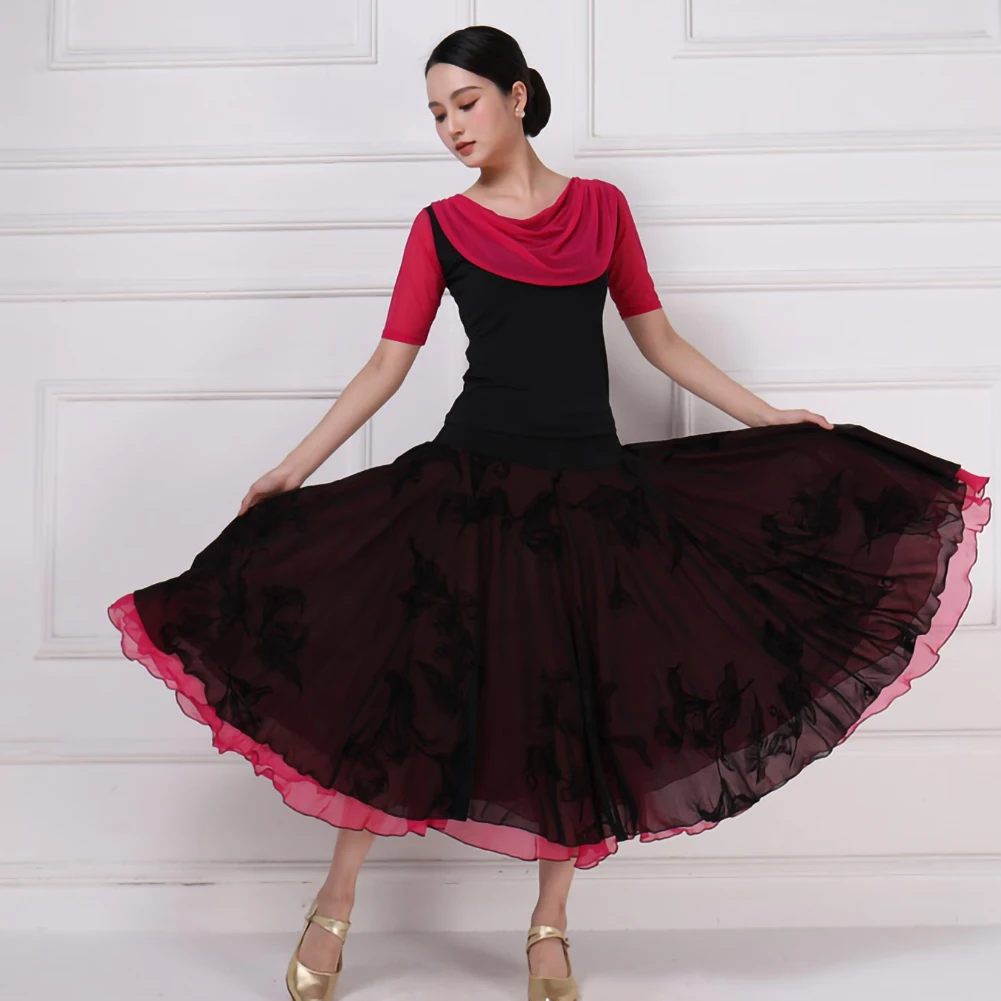 Rose Red Long Dress New Style Stage Costume Practice Clothes Ballroom Dance Suit Skirt Standard Competition Dresses Shirt Waltz