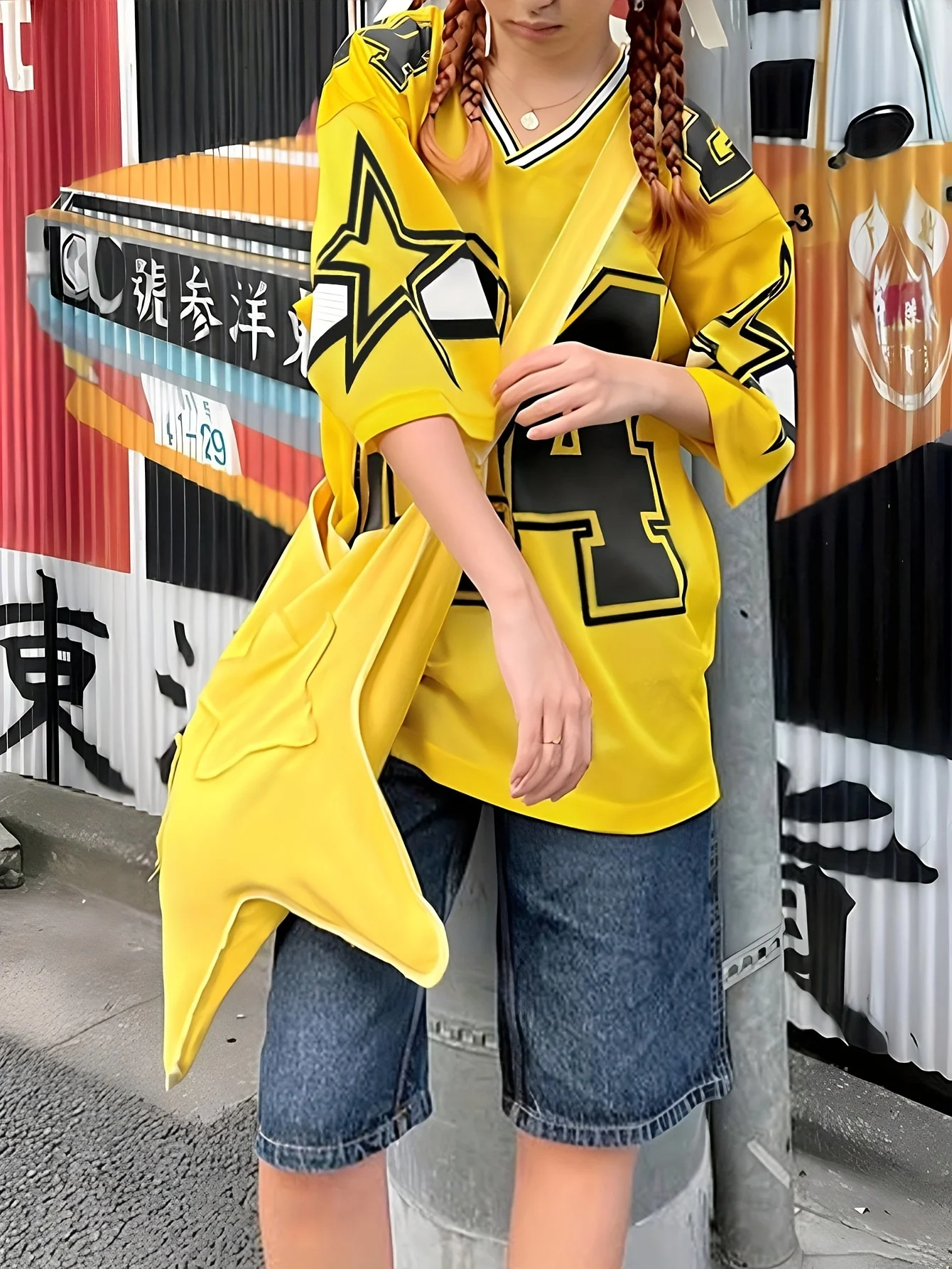 

Women's Retro Jersey Tee Bright Yellow V-Neck Loose Fit with Number 24 Print Casual Summer Top for College Style Plus Size Tops