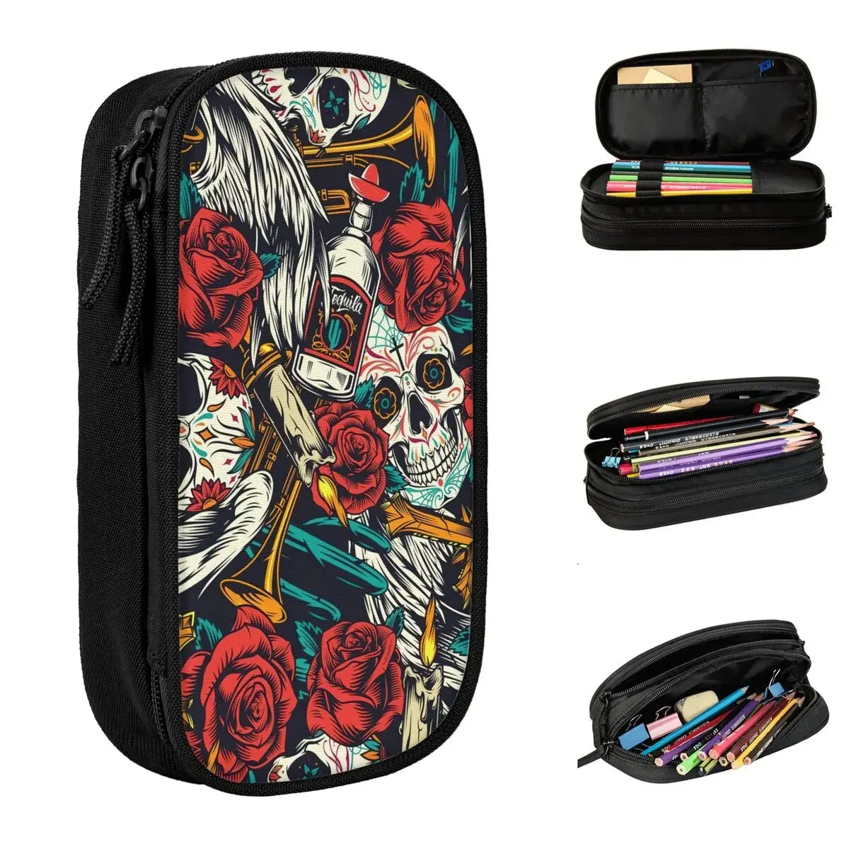 

Fun Sugar Skull Halloween Pencil Case Roses Flowers Pencilcases Pen Box Kids Big Capacity Bags Students School Zipper Stationery