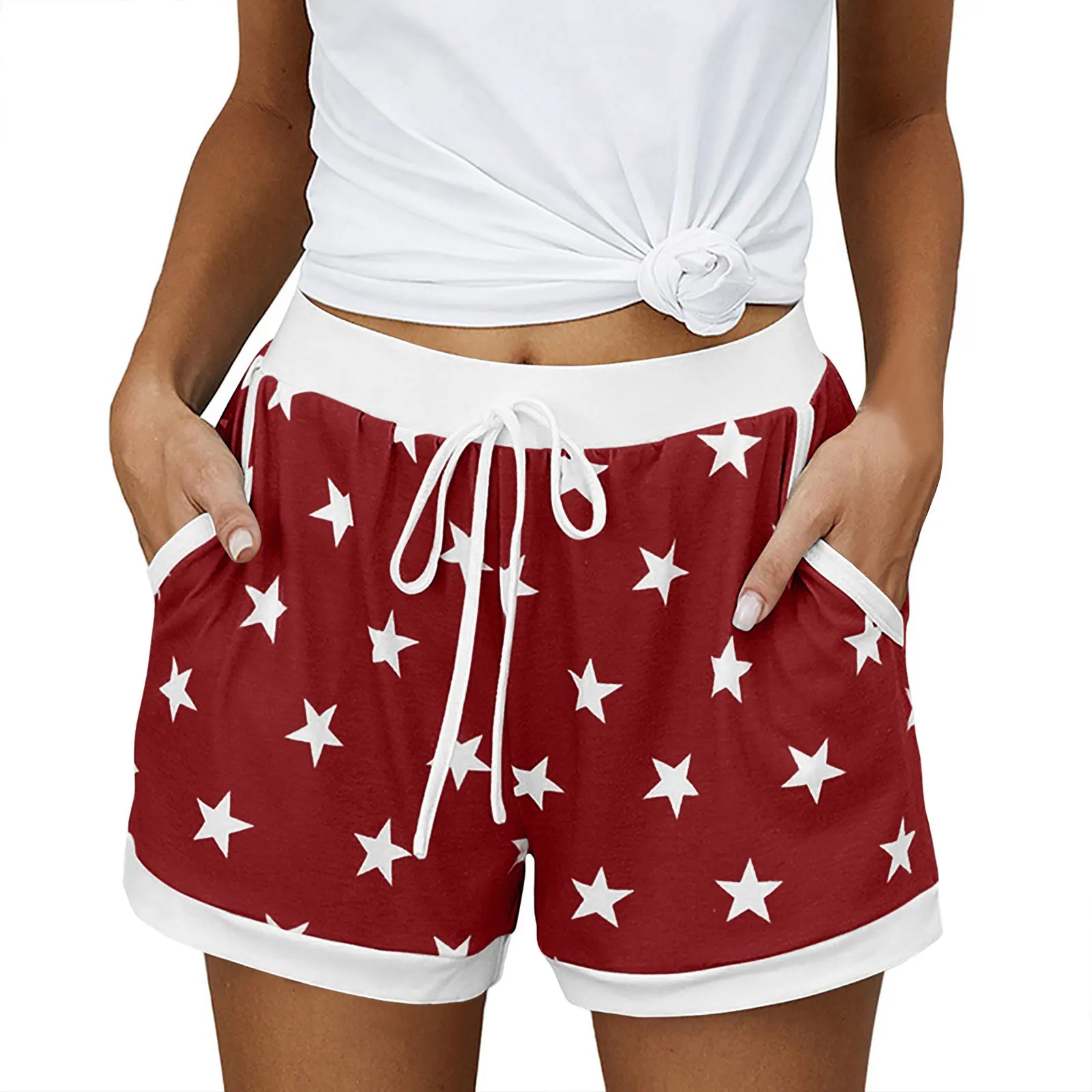 2025 Women's Fashion Patchwork Shorts Star Print Drawstring Elastic Waist Short Pants Summer Fashion Casual Shorts