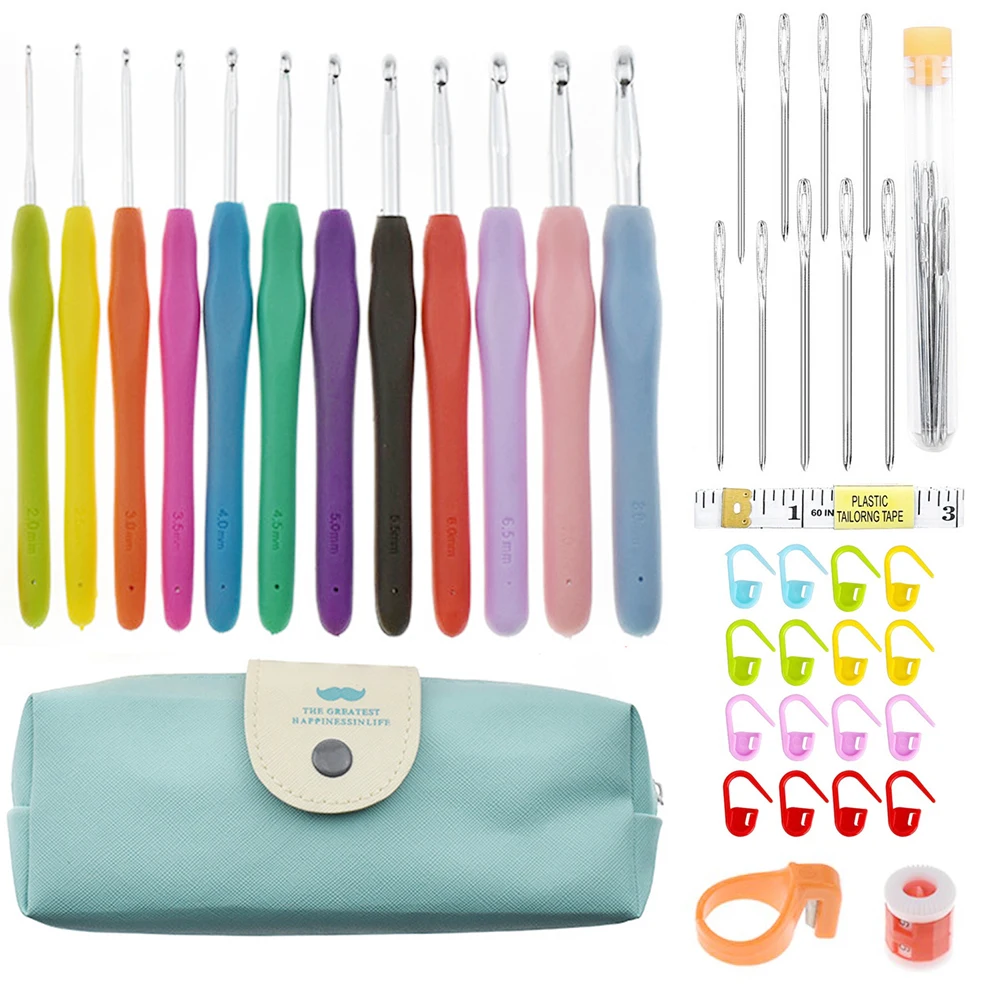 Knit Crochet Hook Kit Knitting Needles Set With Bag,Steel Large Eye Blunt Needle,Markers,DIY Hand Sewing Accessories