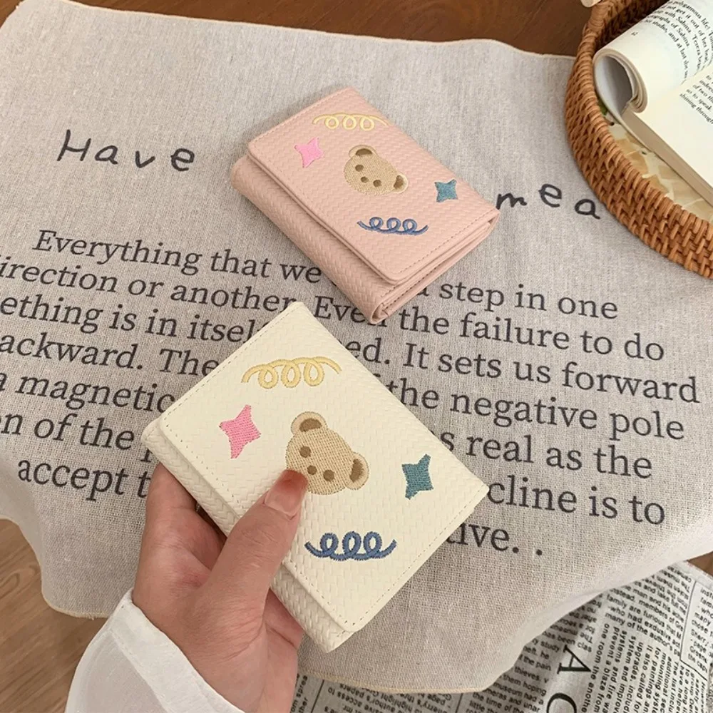 

Portable Cartoon Women Short Wallet Bear Embroidery Three Fold Wallet Multi-card Slot Star PU Leather Coin Purse Girl