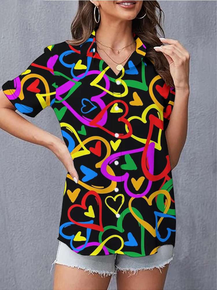 Fashion Loose Casual Summer Short Sleeve Shirt Street Oversize Women's Shirt Colorful Heart-shaped 3d Digital Printing Shirt