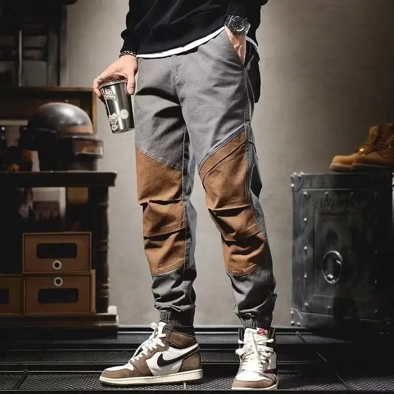 Men's Elastic Waist Button Zipper Spring and Autumn Patchwork Solid Color Pockets Ruched Loose All-match Casual Workwear Pants