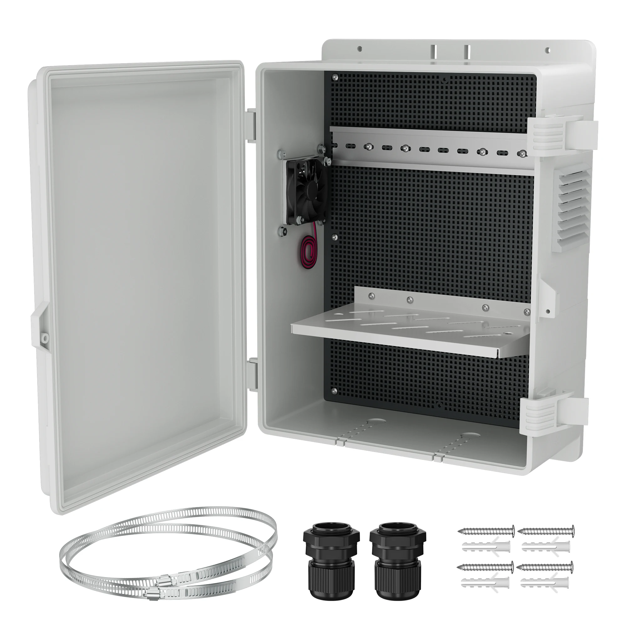 Vented Outdoor Electrical Box White Waterproof Nema Enclosure 16x11x6 Plastic WiFi Box with Buckle Fan Vented Dust Screen